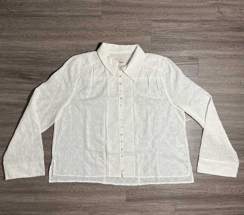 ME+EM Broderie Cotton Voile Cropped Blouse Women's 6 White Embroidered Gauze EUC